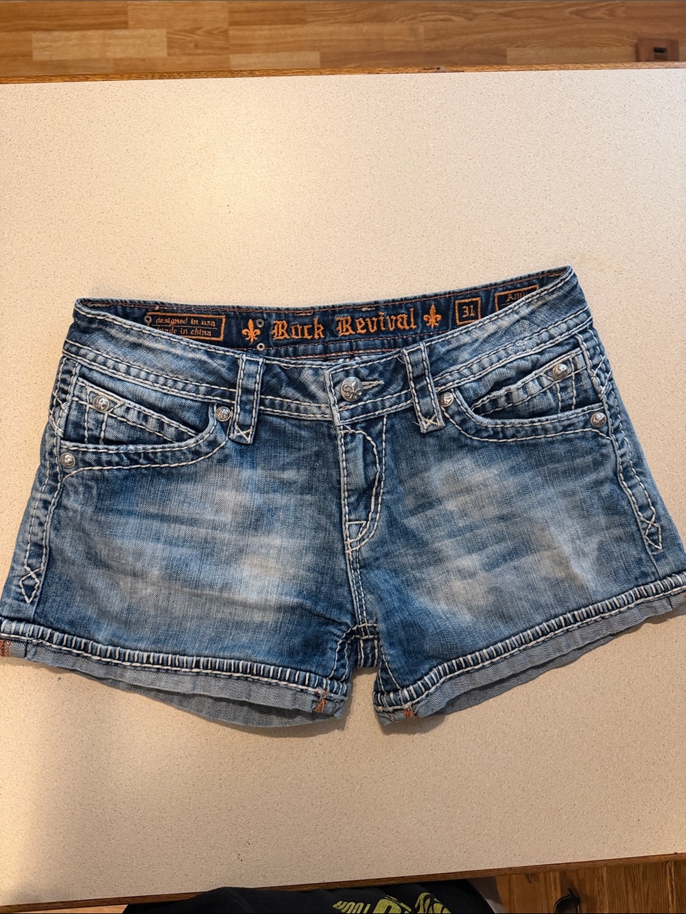 Rock Revival Distressed Light Blue Denim Jean Shorts “Amy”
